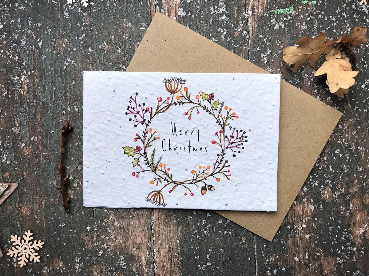Plantable Seed Paper Christmas Card: Illustrated Floral Wreath, Eco - Friendly - Erika's Whimsical Art