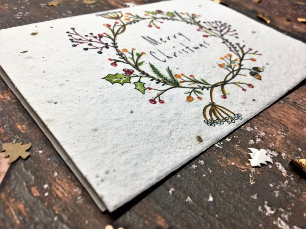 Plantable Seed Paper Christmas Card: Illustrated Floral Wreath, Eco - Friendly - Erika's Whimsical Art