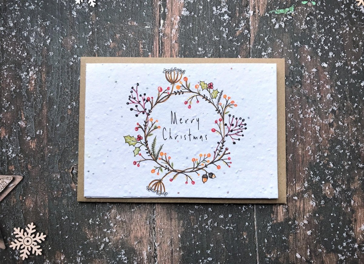 Plantable Seed Paper Christmas Card: Illustrated Floral Wreath, Eco - Friendly - Erika's Whimsical Art