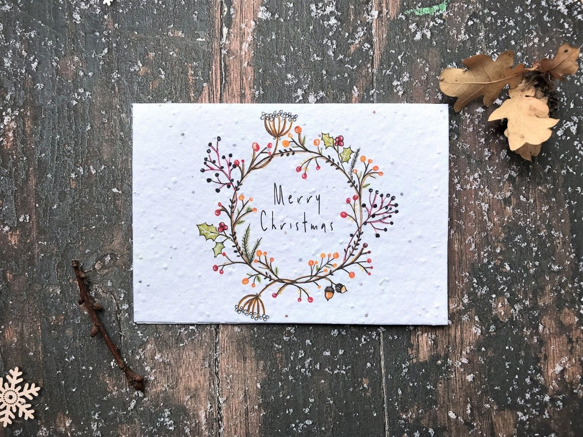 Plantable Seed Paper Christmas Card: Illustrated Floral Wreath, Eco - Friendly - Erika's Whimsical Art