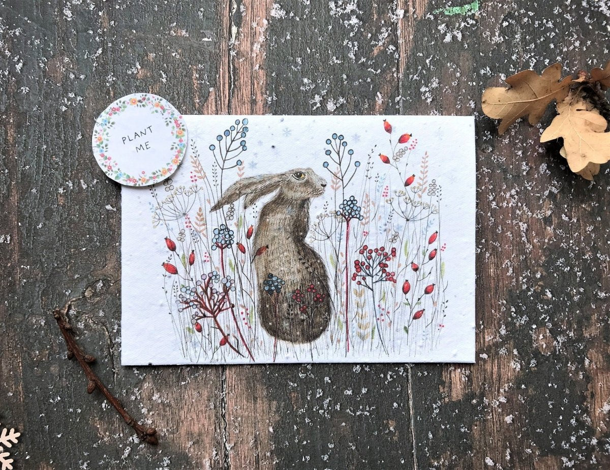 Plantable Seed Paper Christmas Card: Illustrated Hare Design, Eco - Friendly - Erika's Whimsical Art