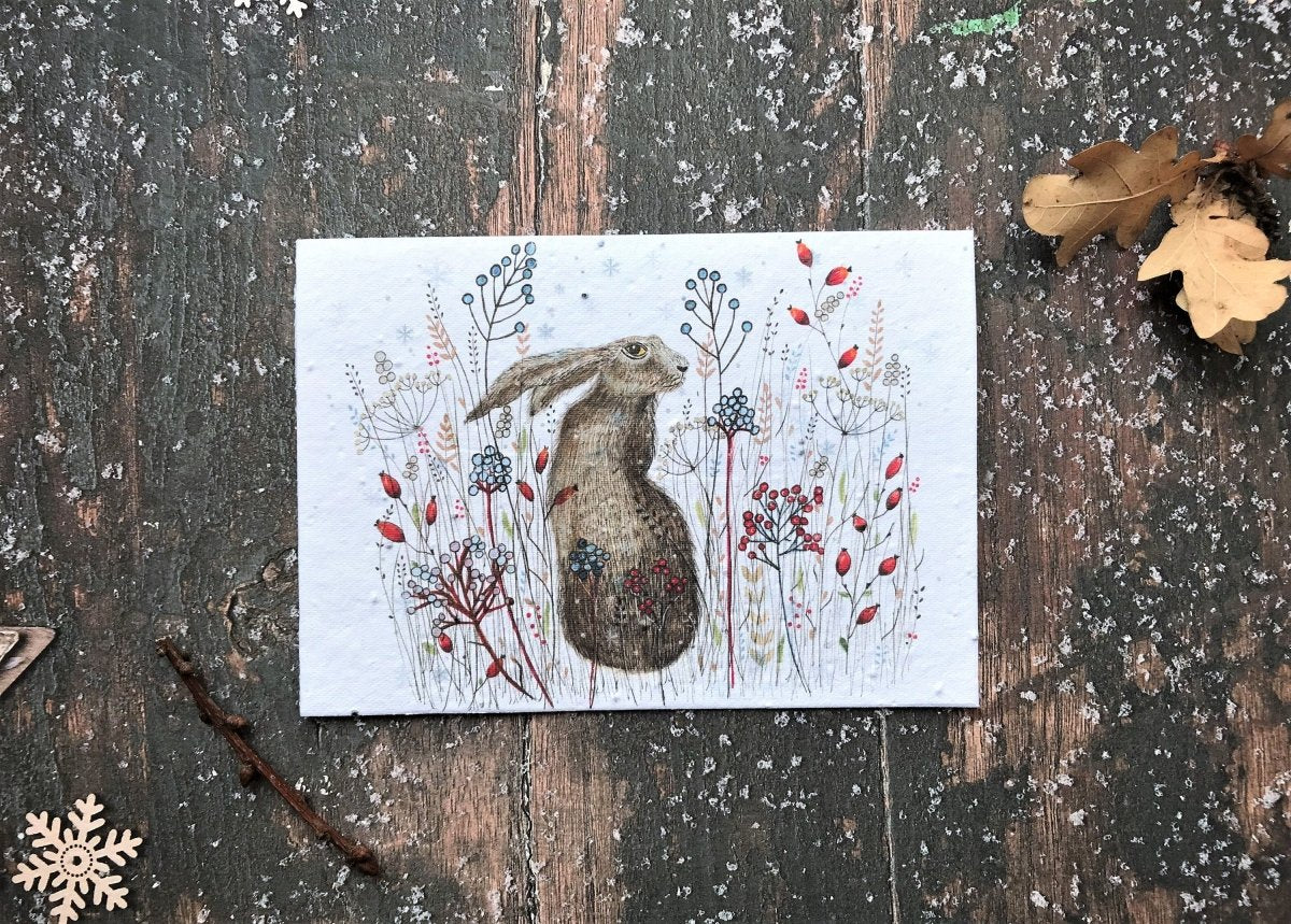 Plantable Seed Paper Christmas Card: Illustrated Hare Design, Eco - Friendly - Erika's Whimsical Art