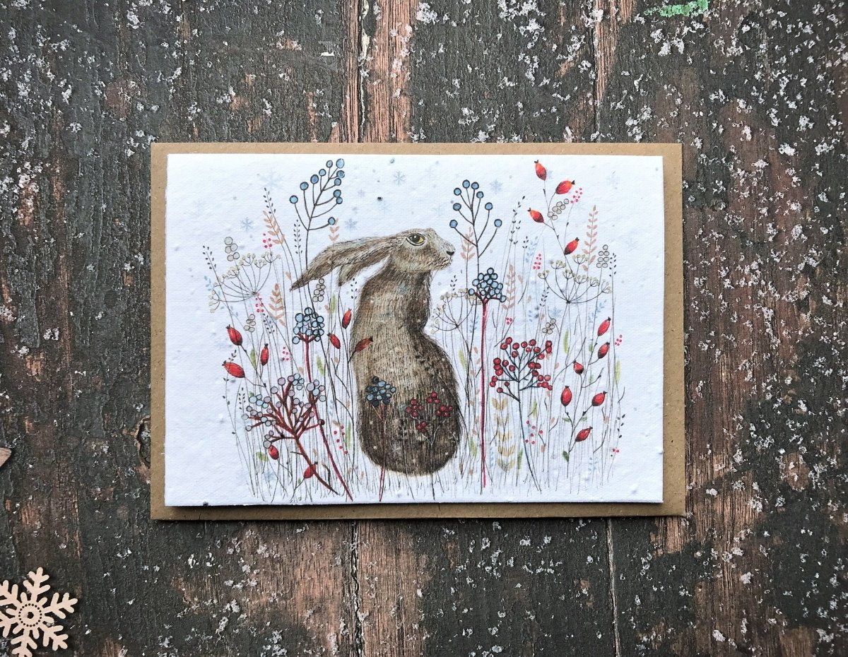 Plantable Seed Paper Christmas Card: Illustrated Hare Design, Eco - Friendly - Erika's Whimsical Art