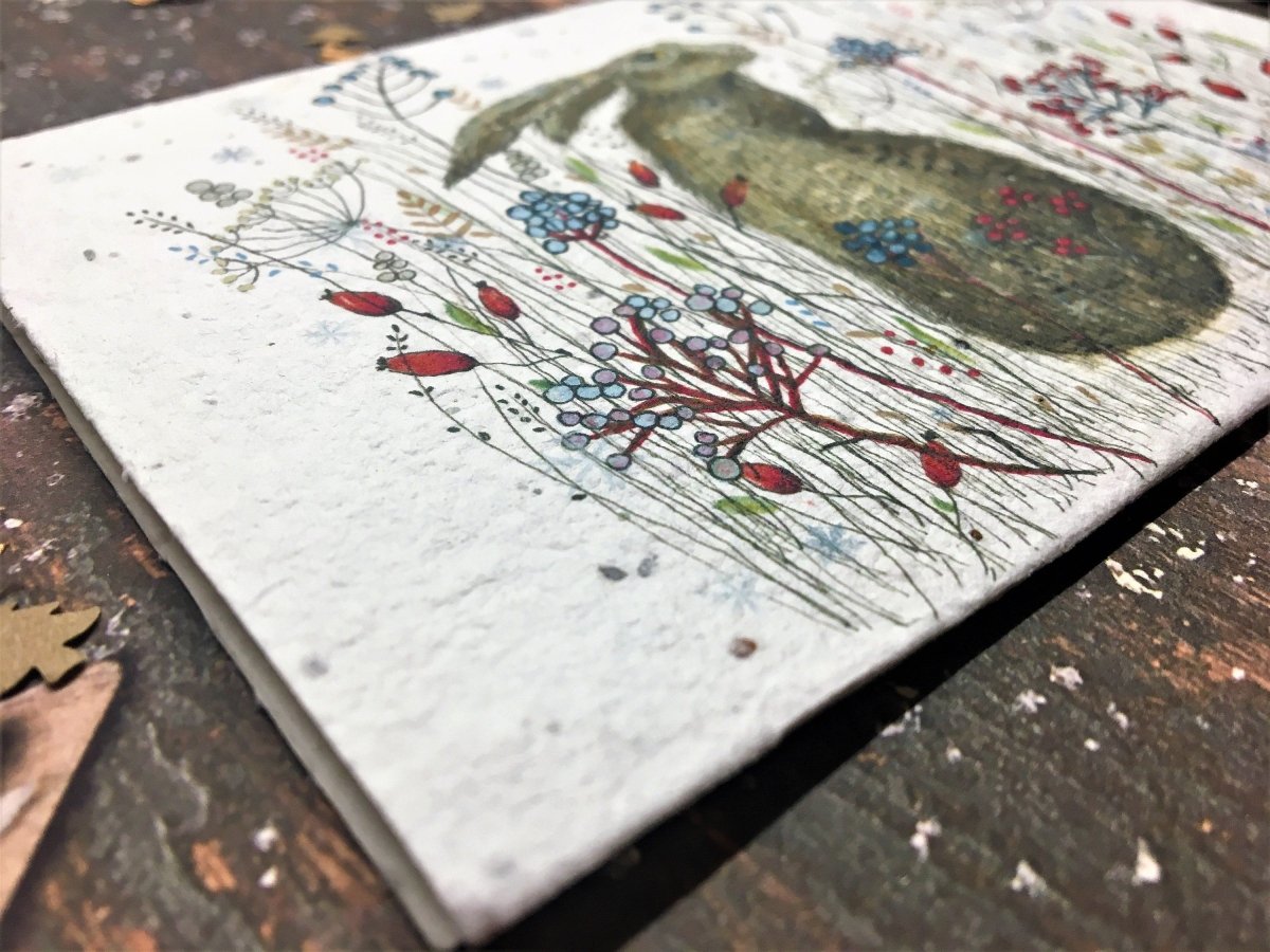 Plantable Seed Paper Christmas Card: Illustrated Hare Design, Eco - Friendly - Erika's Whimsical Art