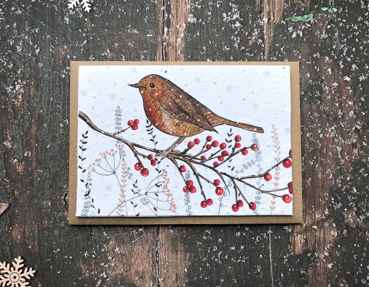Plantable Seed Paper Christmas Card: Illustrated Robin Design - Erika's Whimsical Art