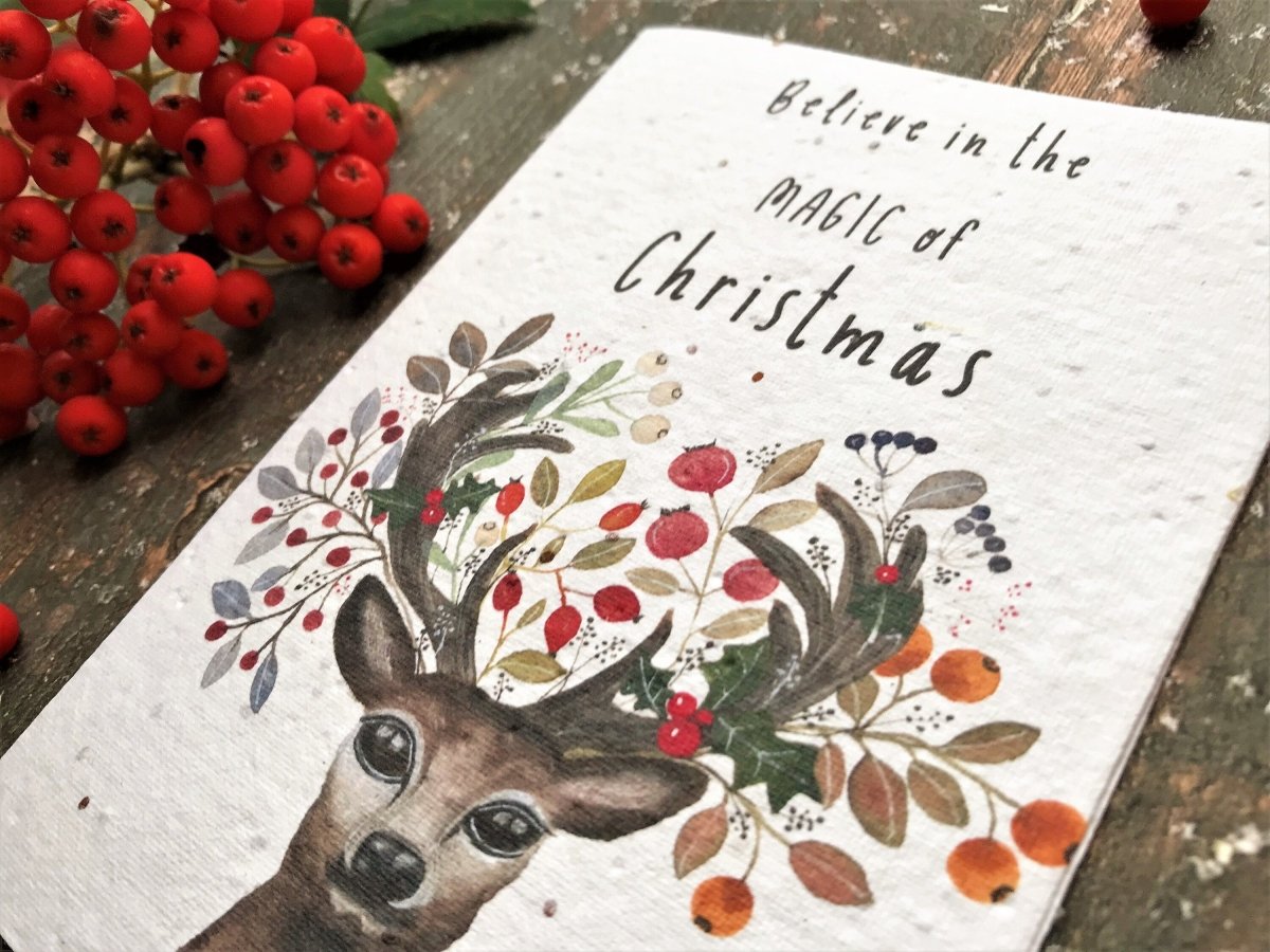 Plantable Seed Paper Christmas Card: Stag & Reindeer Illustration - Erika's Whimsical Art