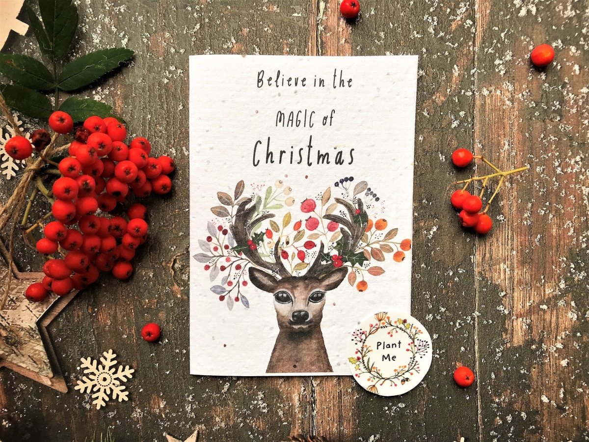 Plantable Seed Paper Christmas Card: Stag & Reindeer Illustration - Erika's Whimsical Art