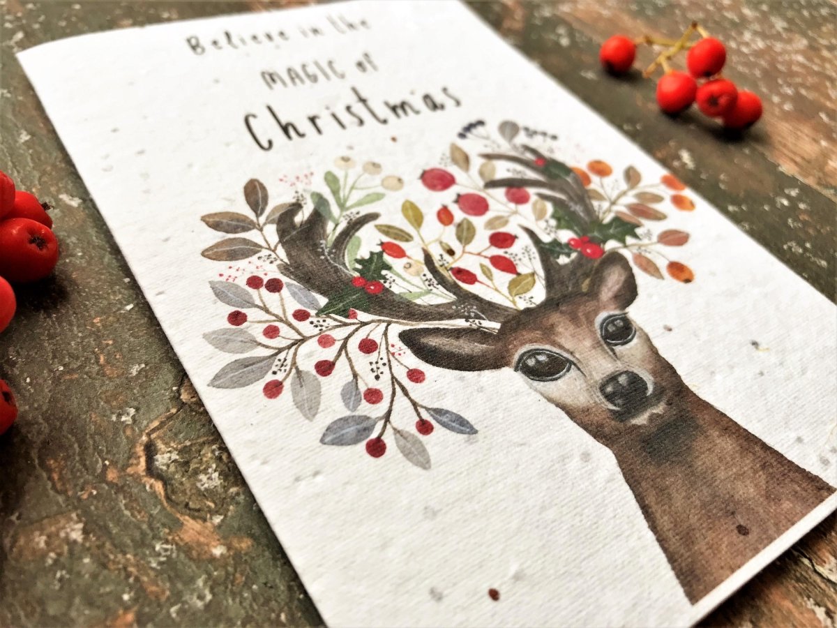 Plantable Seed Paper Christmas Card: Stag & Reindeer Illustration - Erika's Whimsical Art