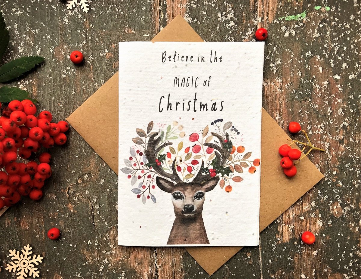 Plantable Seed Paper Christmas Card: Stag & Reindeer Illustration - Erika's Whimsical Art