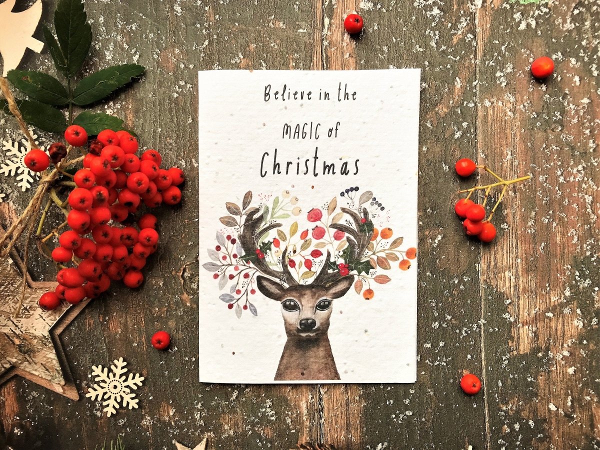 Plantable Seed Paper Christmas Card: Stag & Reindeer Illustration - Erika's Whimsical Art