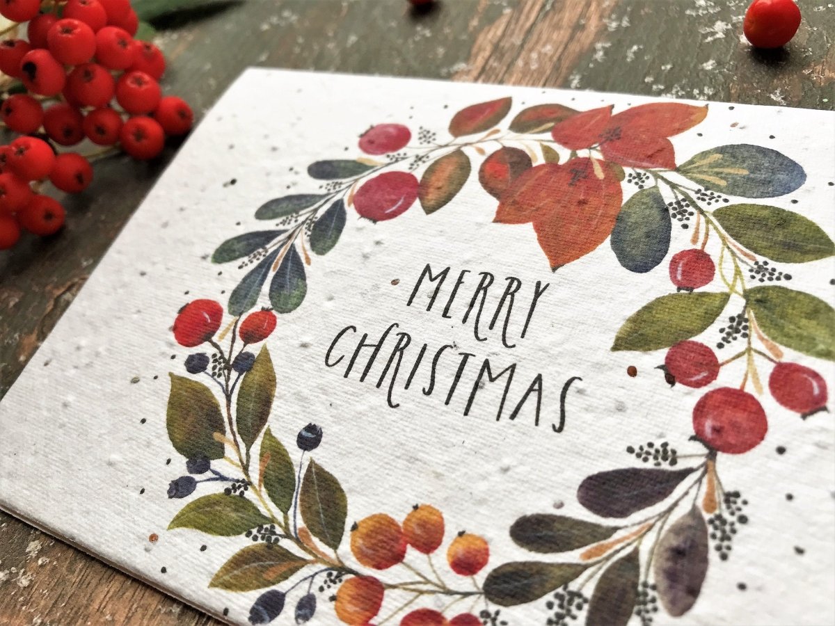 Plantable Seed Paper Christmas Card: Wildflower Wreath, Eco - Friendly - Erika's Whimsical Art