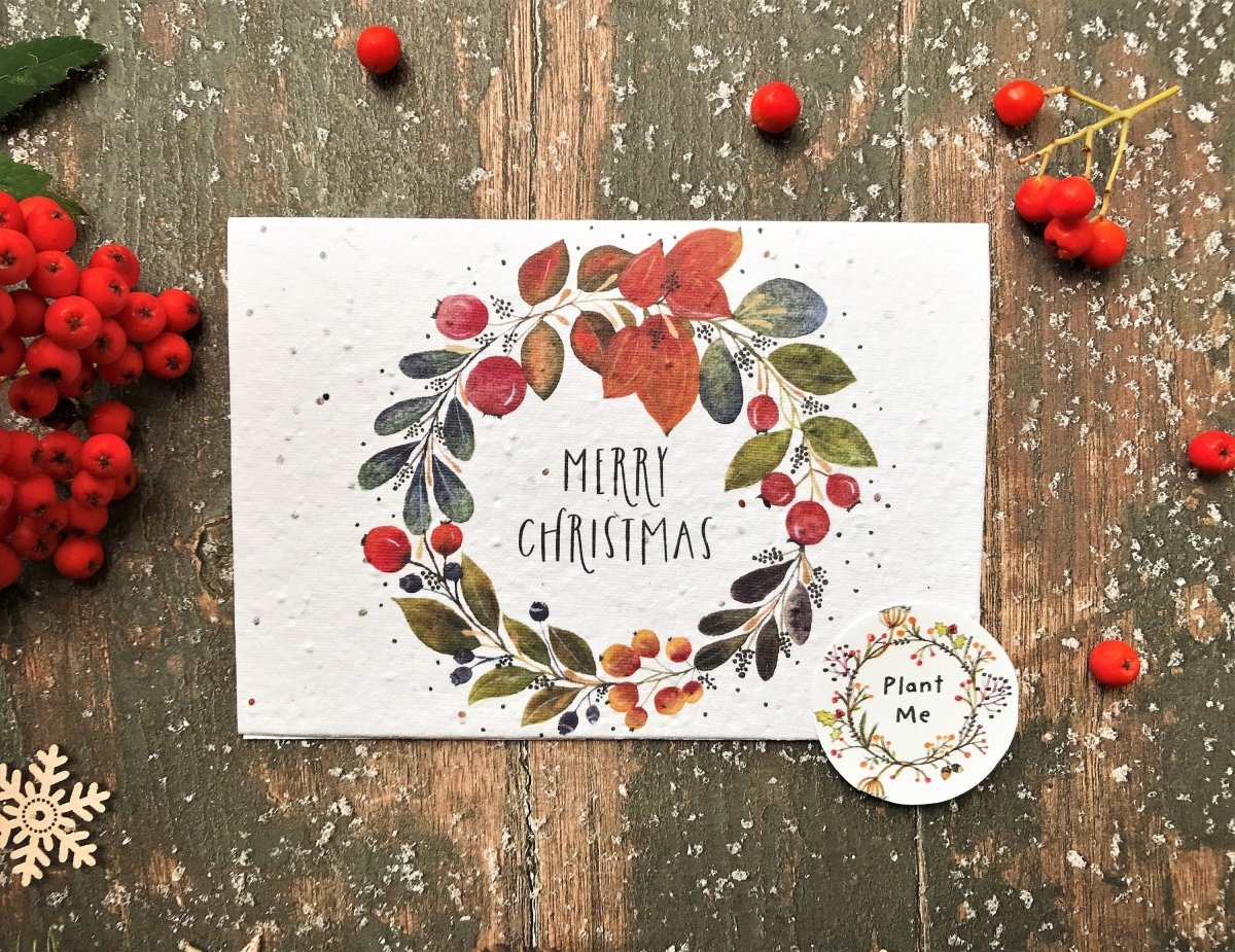 Plantable Seed Paper Christmas Card: Wildflower Wreath, Eco - Friendly - Erika's Whimsical Art