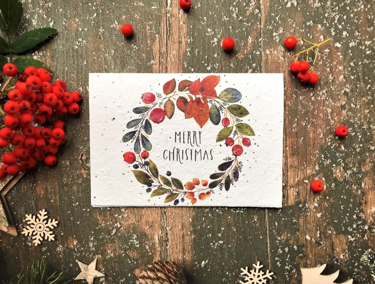 Plantable Seed Paper Christmas Card: Wildflower Wreath, Eco - Friendly - Erika's Whimsical Art