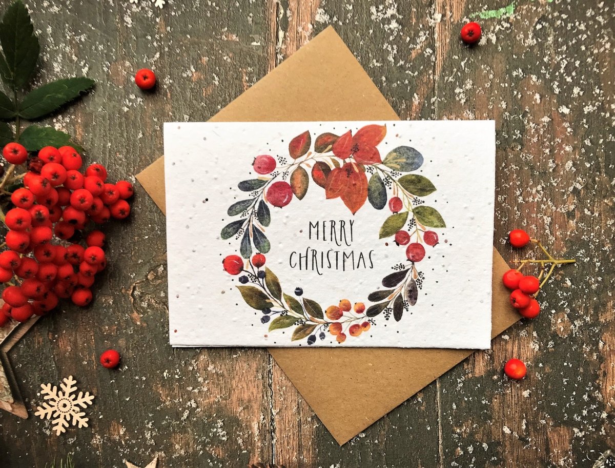 Plantable Seed Paper Christmas Card: Wildflower Wreath, Eco - Friendly - Erika's Whimsical Art
