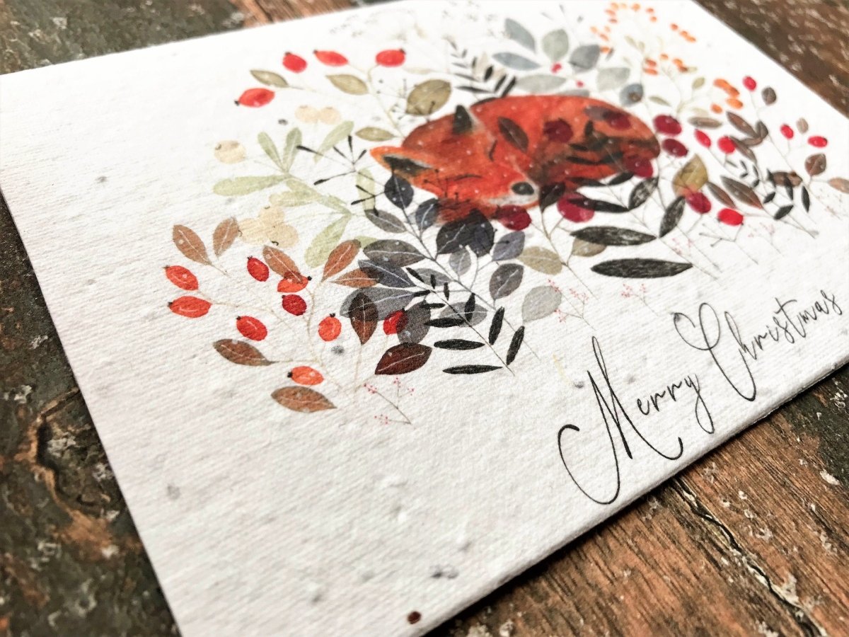 Plantable Seed Paper Christmas Card: Winter Fox Illustration, Eco - Friendly Handmade Card - Erika's Whimsical Art