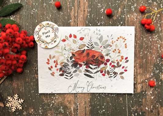 Plantable Seed Paper Christmas Card: Winter Fox Illustration, Eco - Friendly Handmade Card - Erika's Whimsical Art