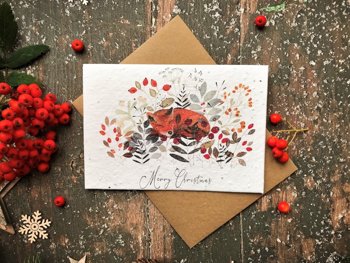 Plantable Seed Paper Christmas Card: Winter Fox Illustration, Eco - Friendly Handmade Card - Erika's Whimsical Art
