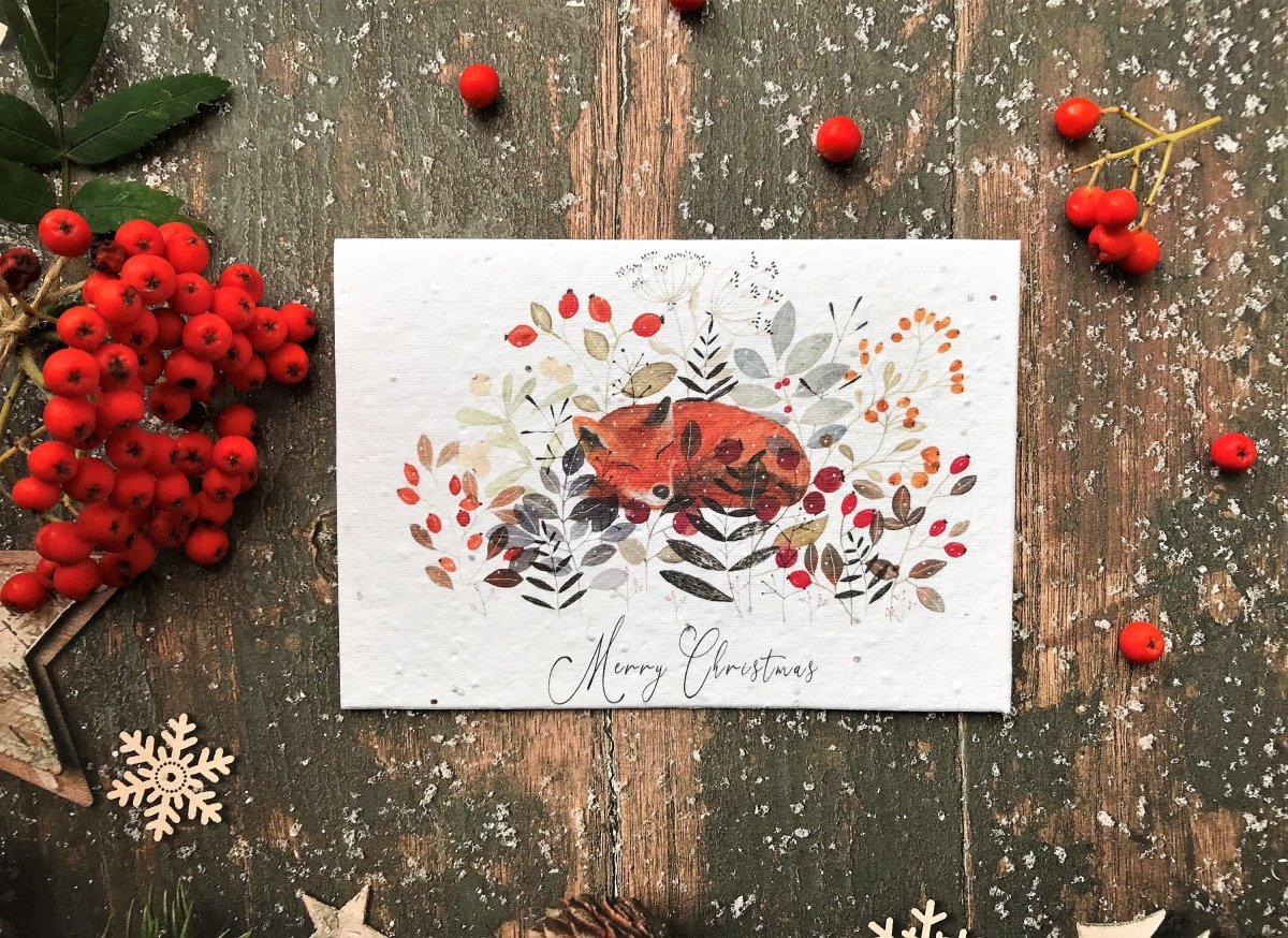 Plantable Seed Paper Christmas Card: Winter Fox Illustration, Eco - Friendly Handmade Card - Erika's Whimsical Art