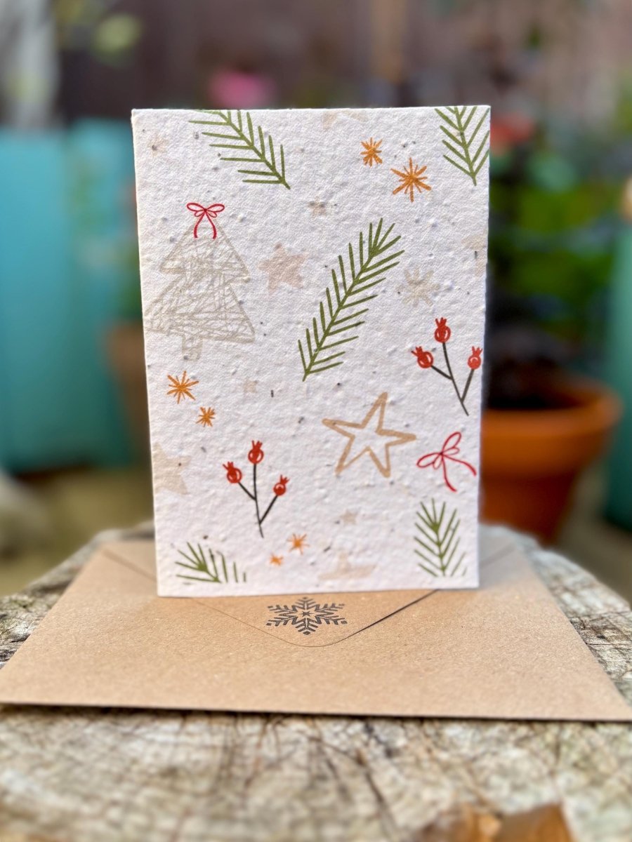 Plantable Seed Paper Handmade Christmas Card: Pine Needle and Stars Design, Eco - Friendly - Erika's Whimsical Art