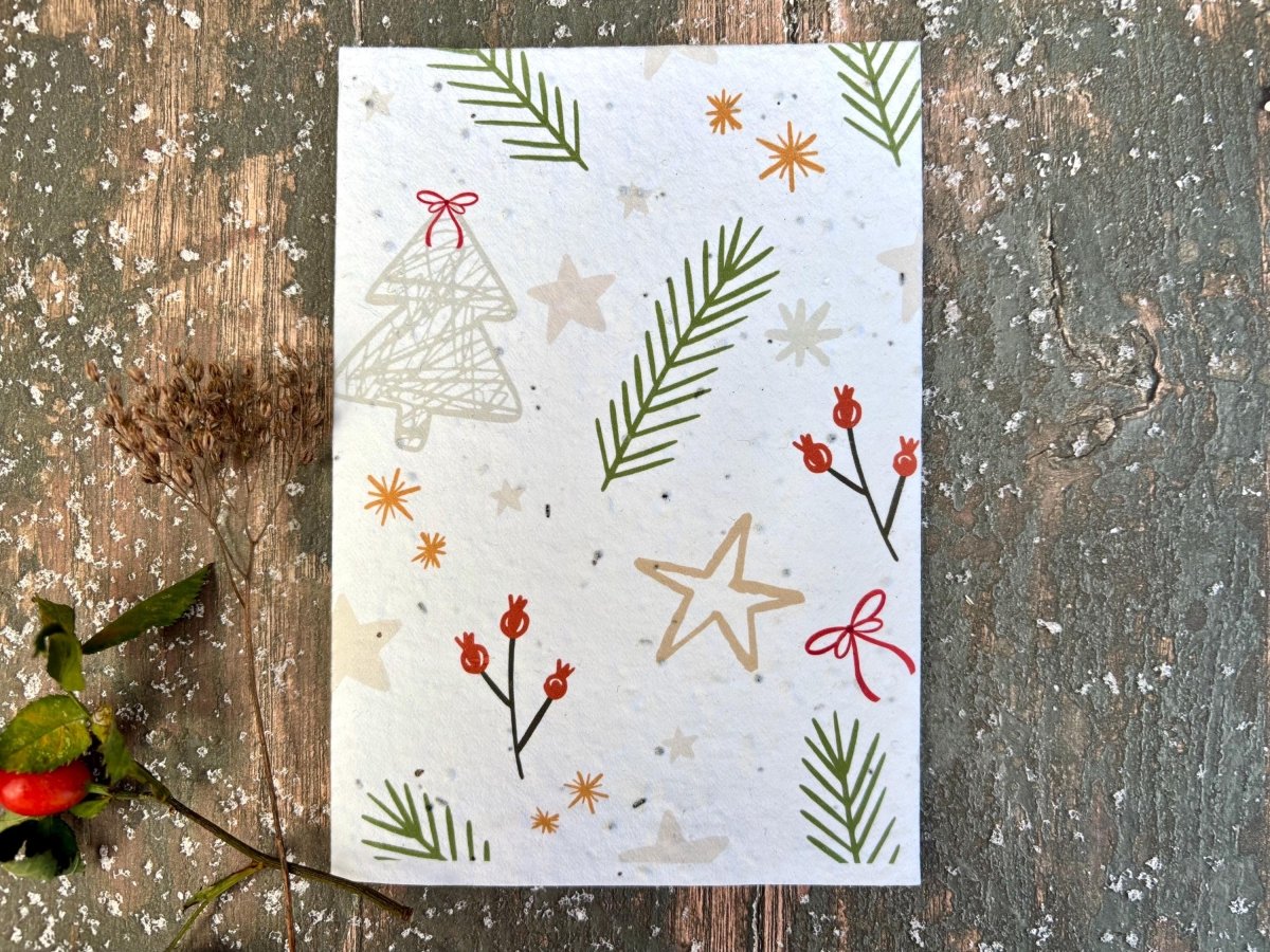 Plantable Seed Paper Handmade Christmas Card: Pine Needle and Stars Design, Eco - Friendly - Erika's Whimsical Art