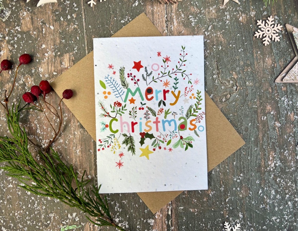 Plantable Seed Paper Christmas Card:  Merry Christmas Handmade Card, Eco - Friendly - Erika's Whimsical Art