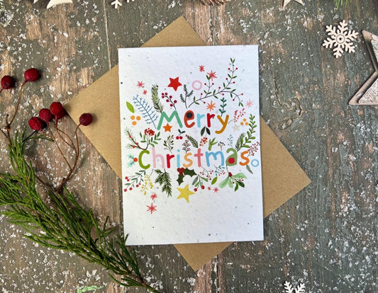 Plantable Seed Paper Christmas Card:  Merry Christmas Handmade Card, Eco - Friendly - Erika's Whimsical Art