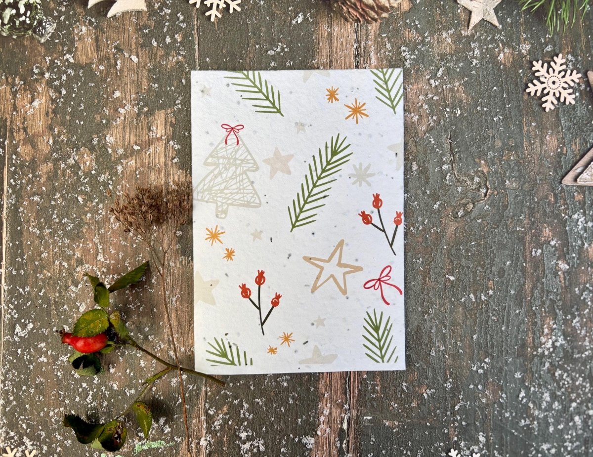 Plantable Seed Paper Handmade Christmas Card: Pine Needle and Stars Design, Eco - Friendly - Erika's Whimsical Art
