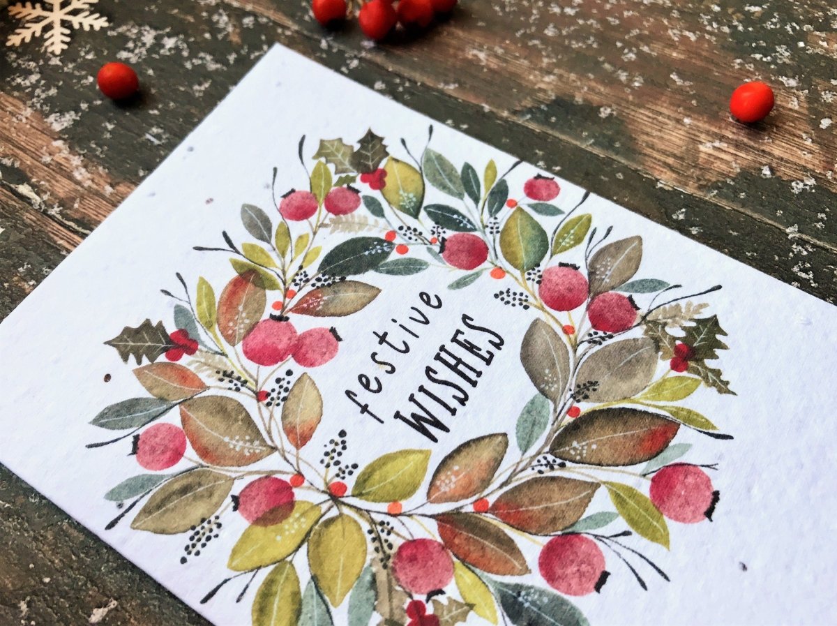 Plantable Seed Paper Christmas Card: Wreath Illustration, Eco - Friendly - Erika's Whimsical Art