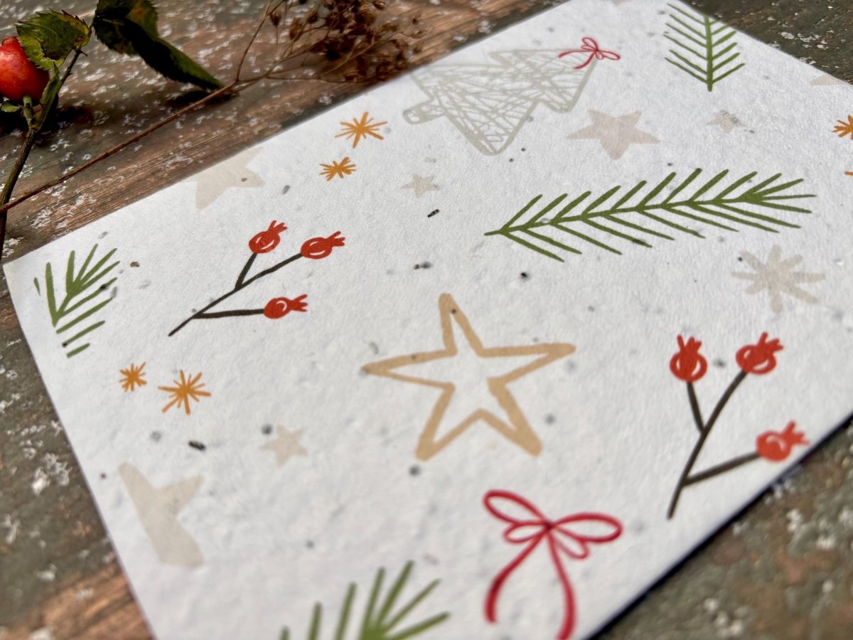 Plantable Seed Paper Handmade Christmas Card: Pine Needle and Stars Design, Eco - Friendly - Erika's Whimsical Art