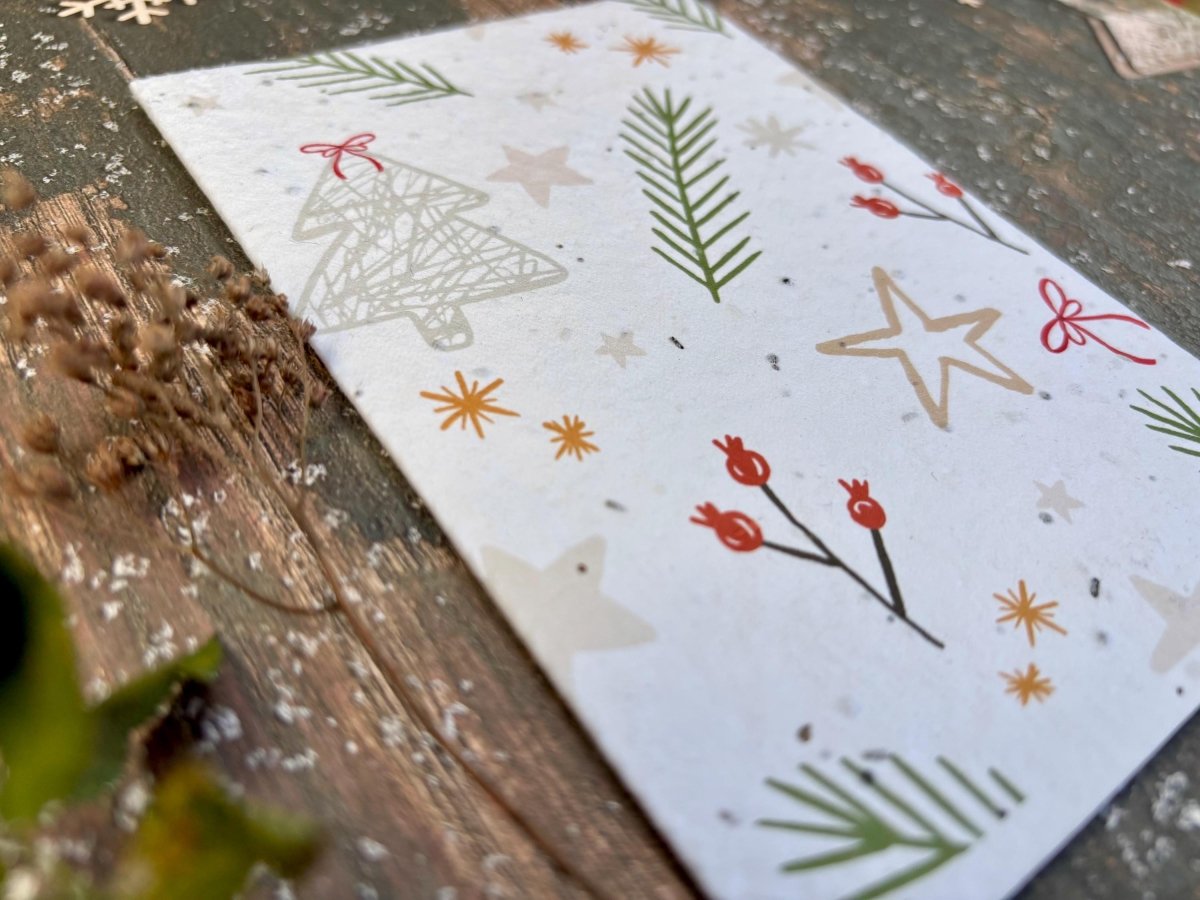 Plantable Seed Paper Handmade Christmas Card: Pine Needle and Stars Design, Eco - Friendly - Erika's Whimsical Art
