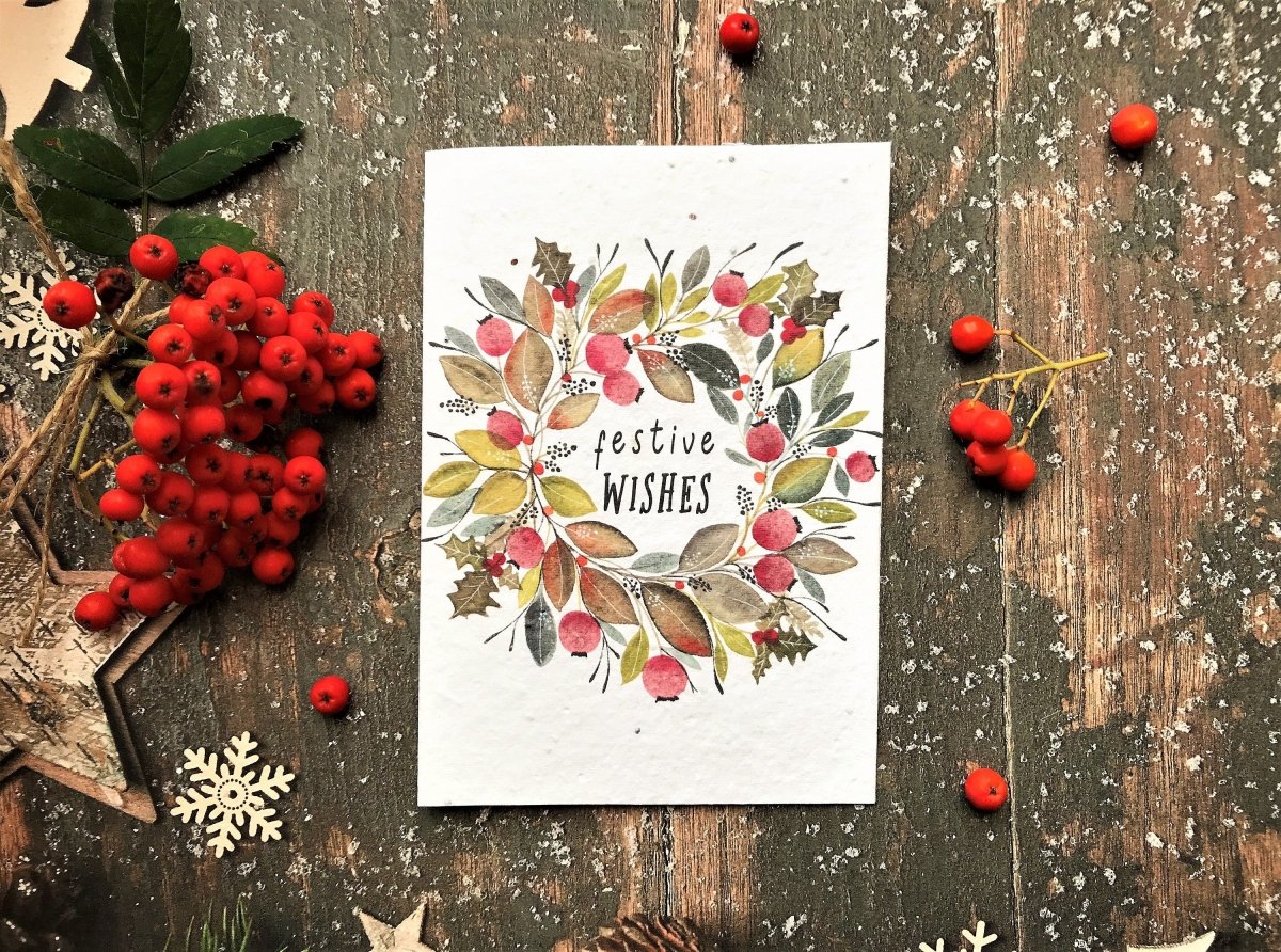 Plantable Seed Paper Christmas Card: Wreath Illustration, Eco - Friendly - Erika's Whimsical Art