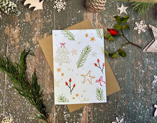 Plantable Seed Paper Handmade Christmas Card: Pine Needle and Stars Design, Eco - Friendly - Erika's Whimsical Art
