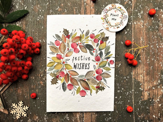 Plantable Seed Paper Christmas Card: Wreath Illustration, Eco - Friendly - Erika's Whimsical Art