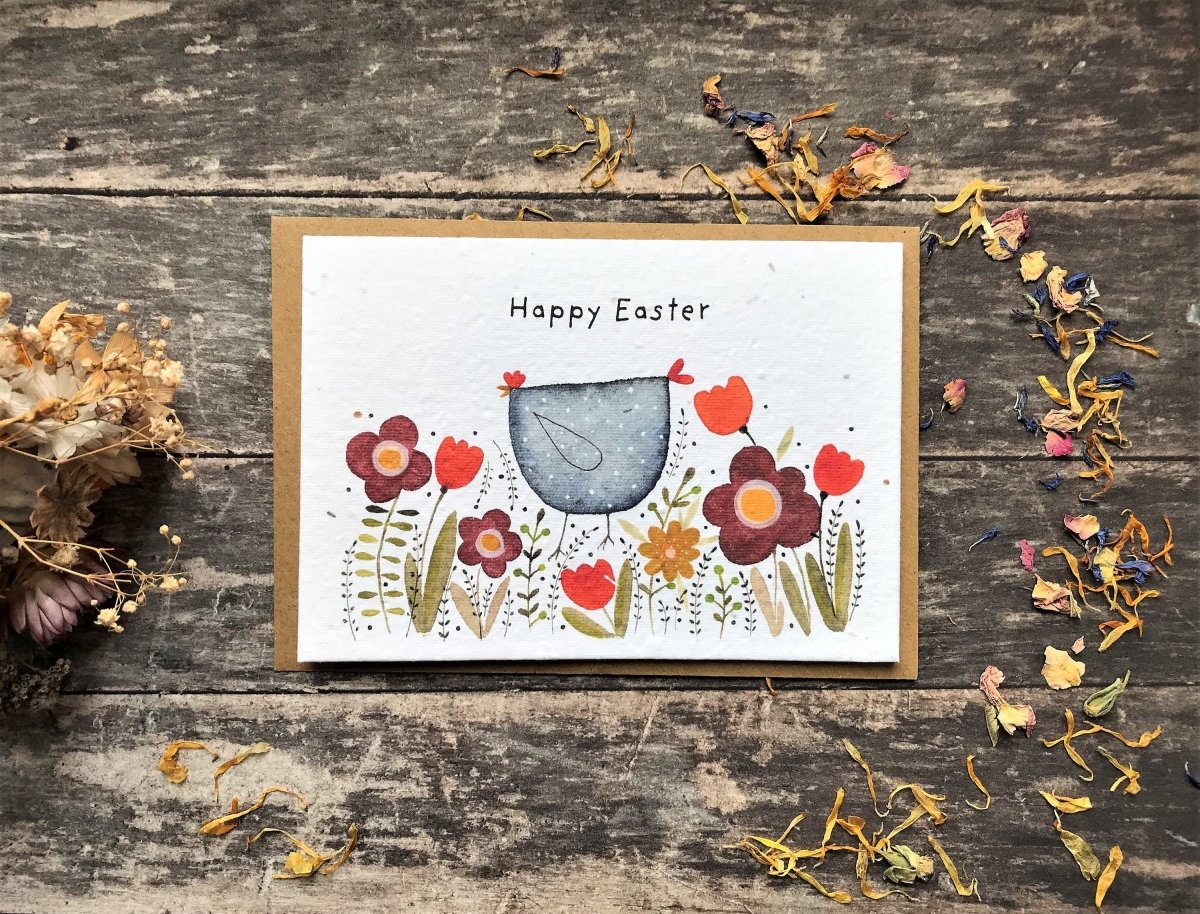 Plantable Seed Paper Easter Card, Blank Inside, Easter Eggs greeting card, Easter Chicken, Easter Cards, Happy Easter Cards, Spring Chicken - Erika's Whimsical Art