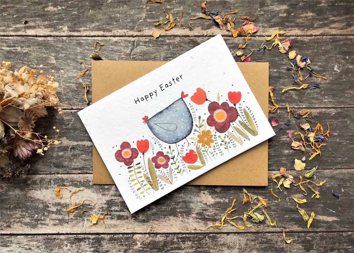 Plantable Seed Paper Easter Card, Blank Inside, Easter Eggs greeting card, Easter Chicken, Easter Cards, Happy Easter Cards, Spring Chicken - Erika's Whimsical Art
