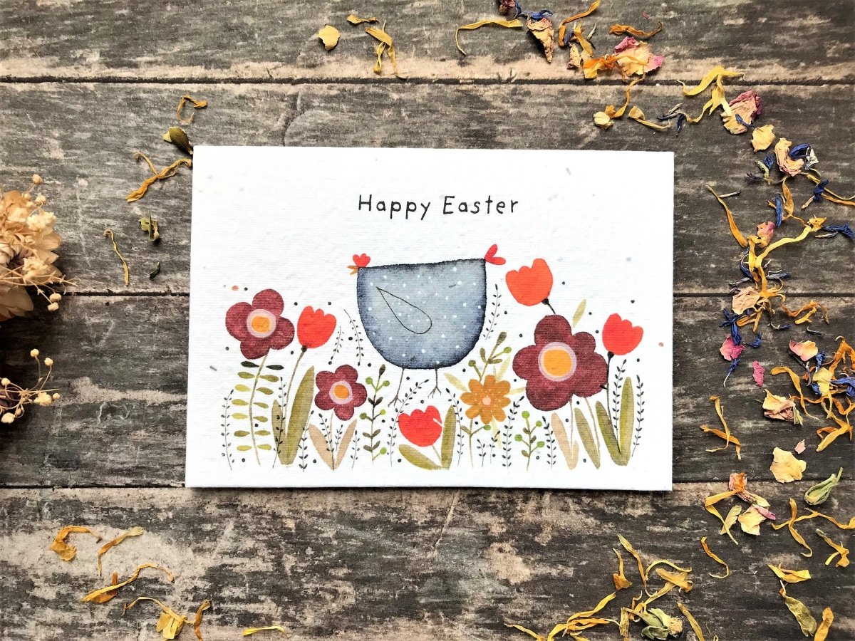Plantable Seed Paper Easter Card, Blank Inside, Easter Eggs greeting card, Easter Chicken, Easter Cards, Happy Easter Cards, Spring Chicken - Erika's Whimsical Art