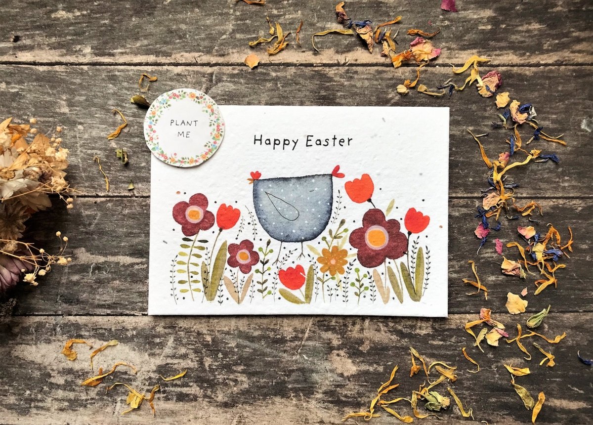 Plantable Seed Paper Easter Card, Blank Inside, Easter Eggs greeting card, Easter Chicken, Easter Cards, Happy Easter Cards, Spring Chicken - Erika's Whimsical Art