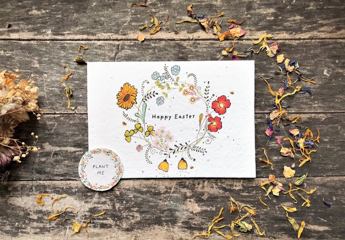 Plantable Seed Paper Easter Card, Blank Inside, Easter wreath greeting card, Spring flowers, Easter Cards, Happy Easter Cards,Flowers Wreath - Erika's Whimsical Art