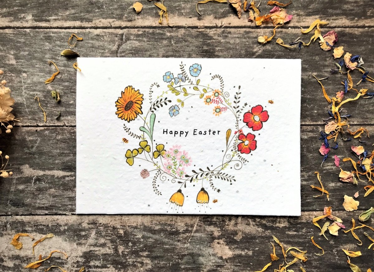Plantable Seed Paper Easter Card, Blank Inside, Easter wreath greeting card, Spring flowers, Easter Cards, Happy Easter Cards,Flowers Wreath - Erika's Whimsical Art
