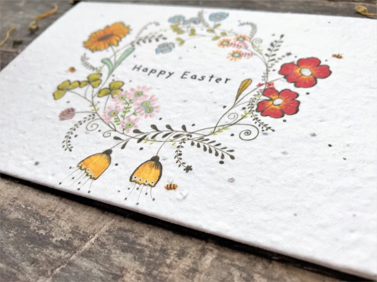 Plantable Seed Paper Easter Card, Blank Inside, Easter wreath greeting card, Spring flowers, Easter Cards, Happy Easter Cards,Flowers Wreath - Erika's Whimsical Art