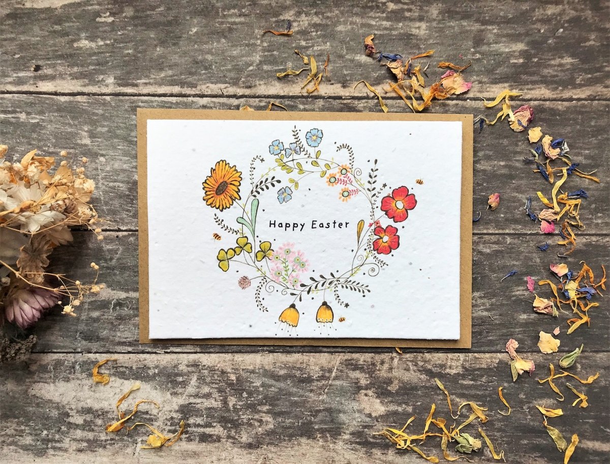 Plantable Seed Paper Easter Card, Blank Inside, Easter wreath greeting card, Spring flowers, Easter Cards, Happy Easter Cards,Flowers Wreath - Erika's Whimsical Art