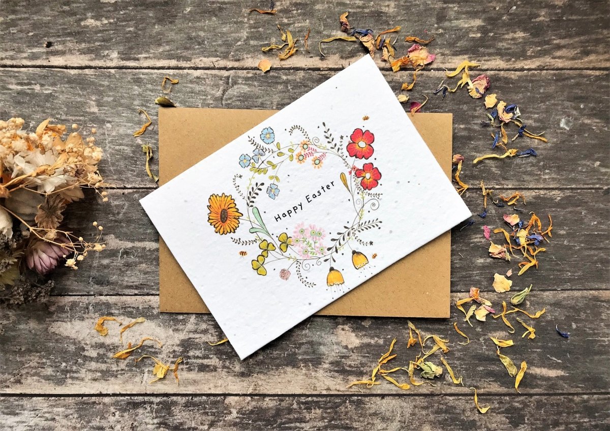 Plantable Seed Paper Easter Card, Blank Inside, Easter wreath greeting card, Spring flowers, Easter Cards, Happy Easter Cards,Flowers Wreath - Erika's Whimsical Art