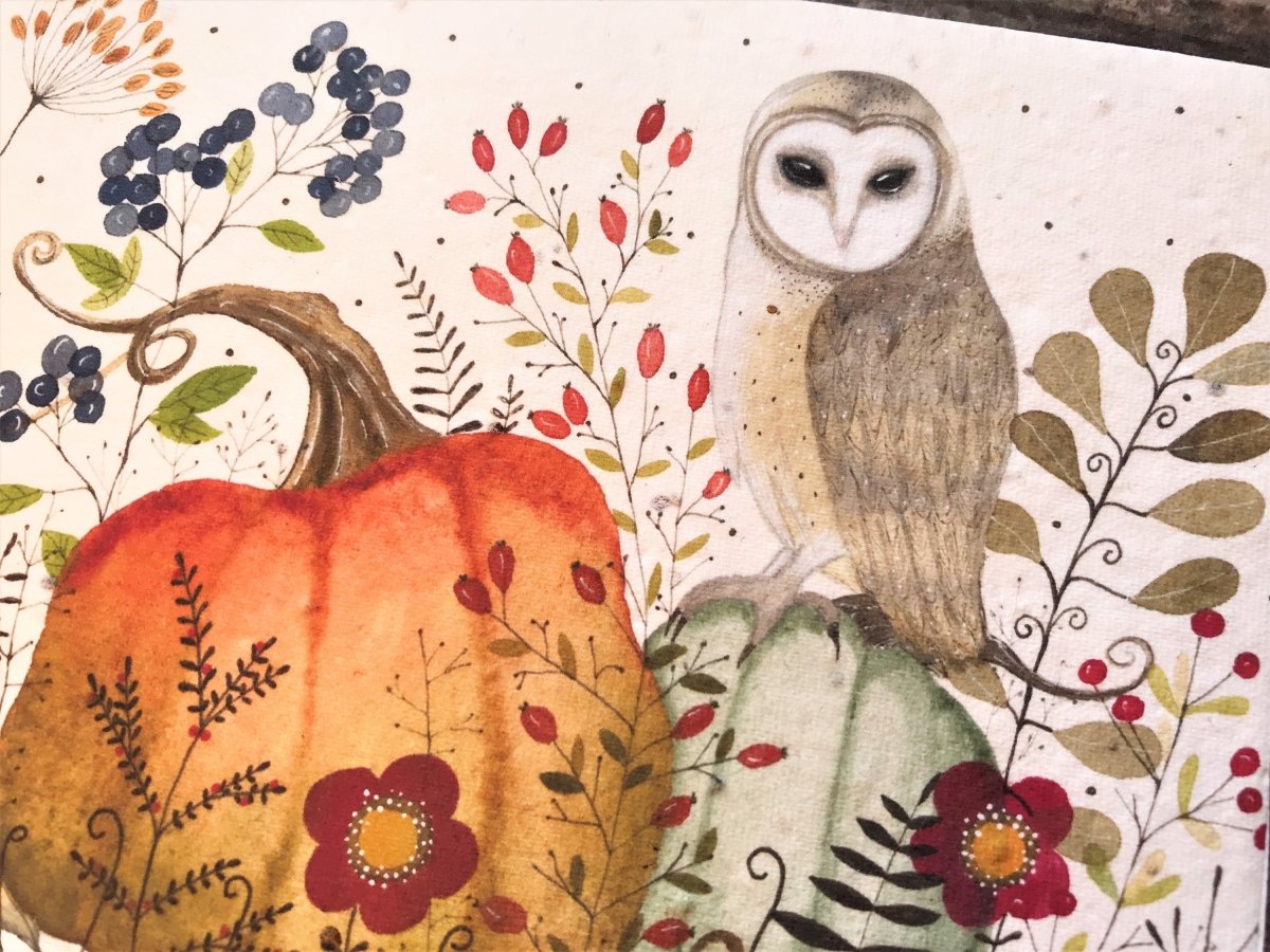 Plantable Seed Paper Owl Birthday Card: Autumn Woodland - Erika's Whimsical Art