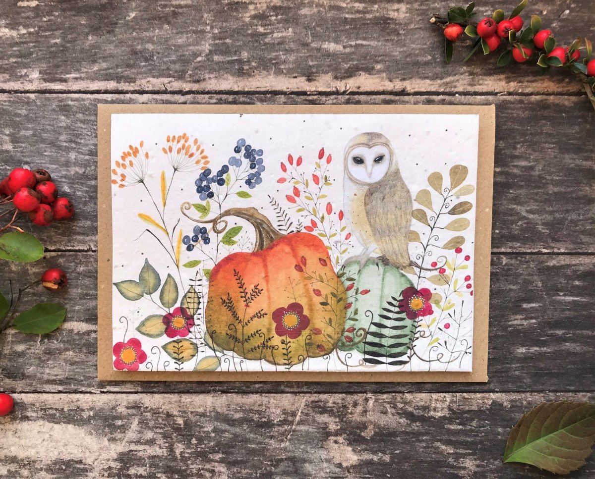 Plantable Seed Paper Owl Birthday Card: Autumn Woodland - Erika's Whimsical Art