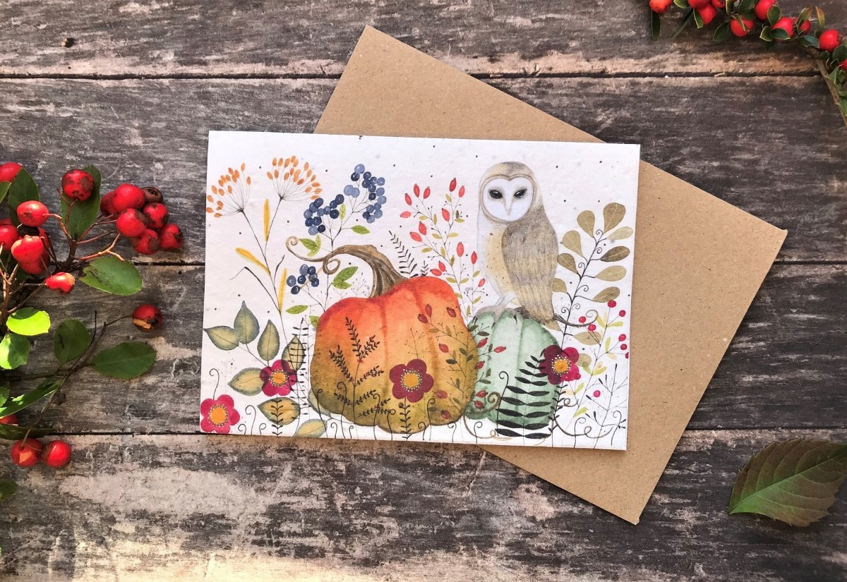 Plantable Seed Paper Owl Birthday Card: Autumn Woodland - Erika's Whimsical Art