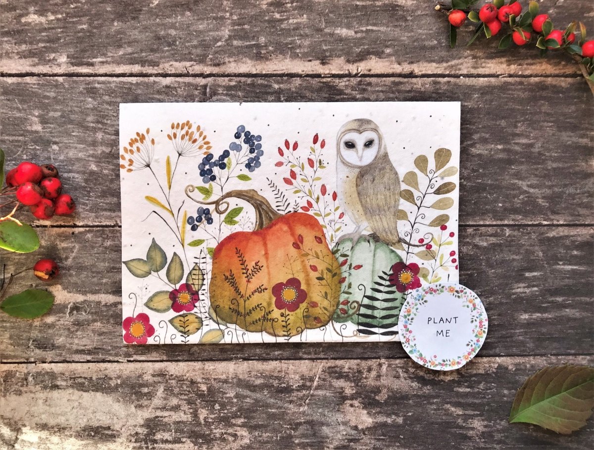 Plantable Seed Paper Owl Birthday Card: Autumn Woodland - Erika's Whimsical Art