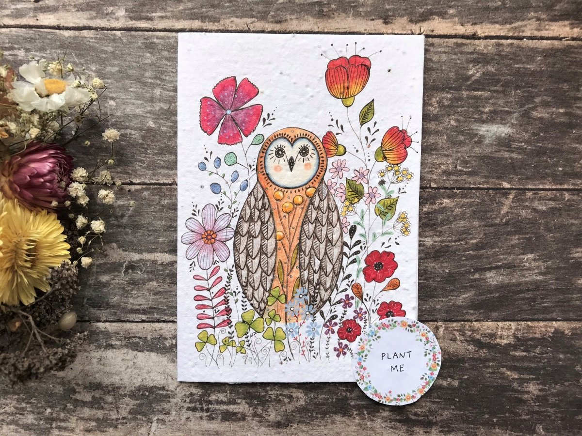 Plantable Seed Paper Owl Birthday Card: Eco - Friendly Flower Card - Erika's Whimsical Art