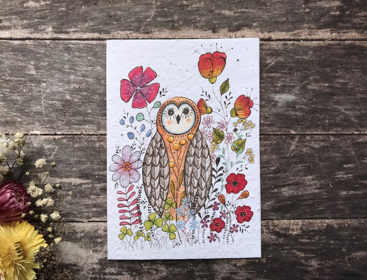 Plantable Seed Paper Owl Birthday Card: Eco - Friendly Flower Card - Erika's Whimsical Art