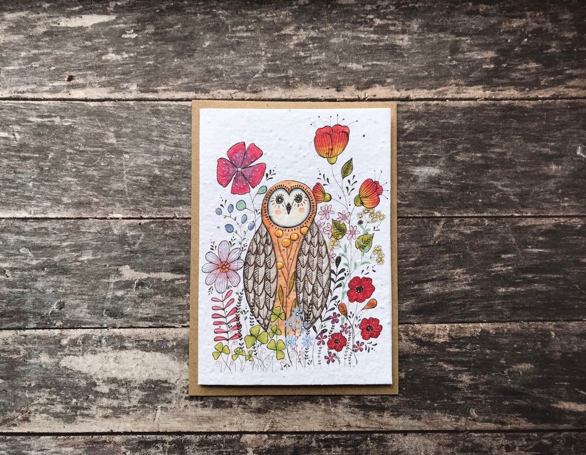 Plantable Seed Paper Owl Birthday Card: Eco - Friendly Flower Card - Erika's Whimsical Art