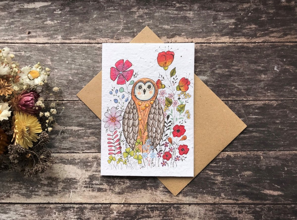 Plantable Seed Paper Owl Birthday Card: Eco - Friendly Flower Card - Erika's Whimsical Art